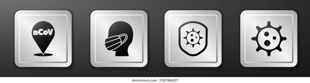 Set Corona virus 2019-nCoV on location, Face in a medical protective mask, Shield protecting from virus and Virus icon. Silver square button. Vector