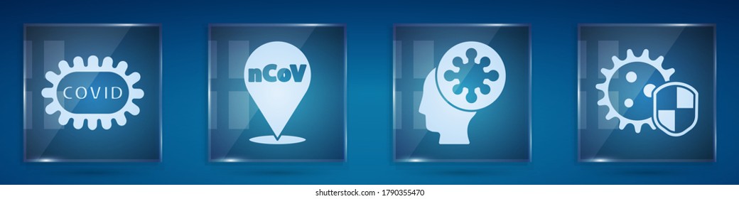 Set Corona virus covid-19, Corona virus 2019-nCoV on location, Human and virus and Shield protecting from virus. Square glass panels. Vector