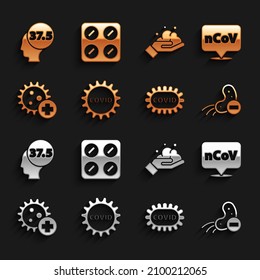 Set Corona virus covid-19, 2019-nCoV location, Negative, Positive, Washing hands with soap, High human body temperature and Pills blister pack icon. Vector