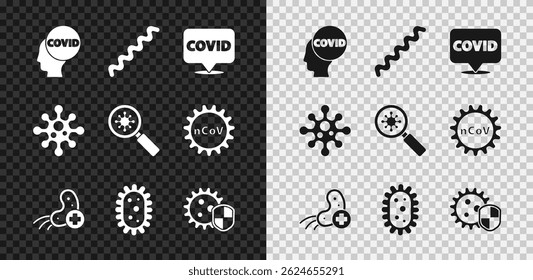 Defina o vírus Corona covid-19, Vírus, localização, Positivo, Escudo protegendo de, e sob ícone de lupa. Vetor