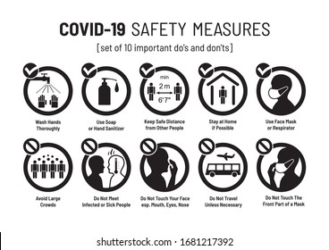 Set of Corona Virus COVID-19 Safety Measures and Precautions Warning Signs - How to Protect Yourself and Others - What To Do Signs - Infographics Poster or leaflet. SUITABLE FOR BLACK AND WHITE PRINT