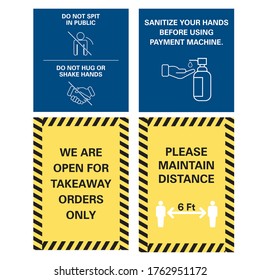 Set of Corona Virus COVID-19 Safety signages- Do not spit in public, sanitize your hands, We are open for takeaway & please maintain distnce - Poster Suitable for Print