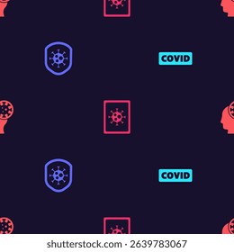 Set Corona virus covid-19, Shield protecting from, Virus statistics monitor and Human and on seamless pattern. Vector