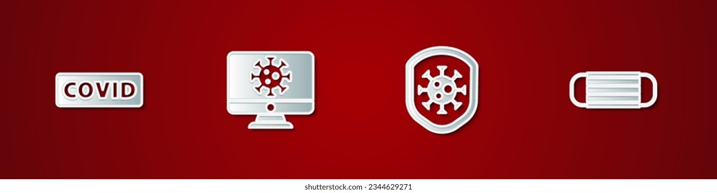 Set Corona virus covid-19, Virus statistics monitor, Shield protecting from and Medical protective mask icon. Vector