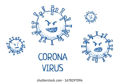 Set of corona virus icons with angry faces for children. Hand drawn line art cartoon vector illustration.Hand drawn blue outline line art cartoon vector illustration.