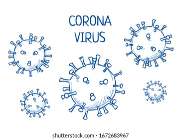 Set Of Corona Virus Icons. Hand Drawn Line Art Cartoon Vector Illustration.