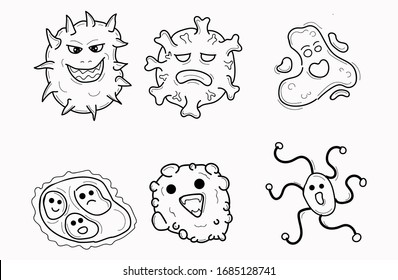 Set of corona virus icons. Hand drawn line art cartoon vector illustration.