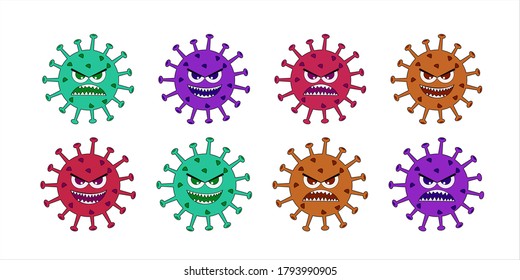 Conjunto de iconos de virus de corona ilustración vectorial. Virus rojo, verde, marrón y morado aislado en un fondo blanco. 
