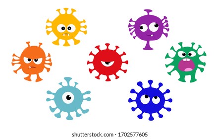 Set of corona virus monster character cute and funny face with white background. Cute cartoon virus covid-19.