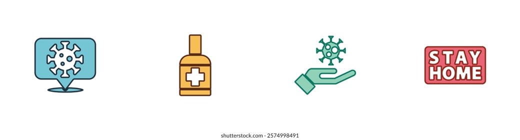 Set Corona virus on location, Liquid antibacterial soap, Hand with and Stay home icon. Vector