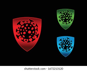 Un conjunto de virus de la corona en el escudo como espacio negativo con varios colores en formato vectorial