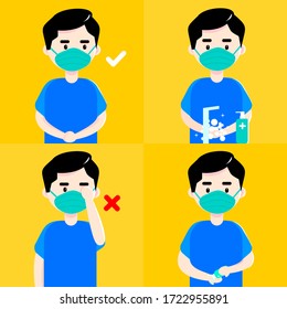 Set of corona virus prevention vector flat illustration. wearing mask. washing hands. use hands sanitizer