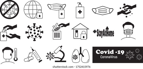 Set of Corona virus related vector icons. Symptoms, Prevention,Protection and Safety.  