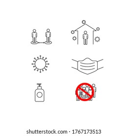 Set of corona virus safety instruction. Contains such Icons as social distancing, stay at home, mask, soap, and more