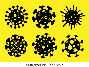Set Of Corona Virus In Wuhan, Corona Virus Infection. 2019-ncov Virus. Coronavirus Microbe. Vector Graphic Illustration. Isolated On Yellow Background.
