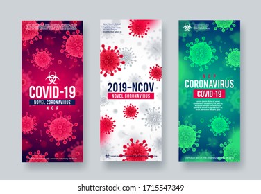 Set of Coronavirus background. Novel coronavirus 2019-nCoV banners. Concept of dangerous Covid-19 pandemic poster. Vector design.