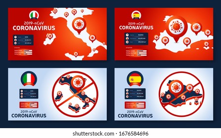 Set of Coronavirus banner outbreak from Wuhan, China. Watch out for Novel Coronavirus outbreaks in Italy and Spain. Spread of the novel coronavirus Background.