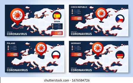 Set of Coronavirus banner outbreak from Wuhan, China. Watch out for Novel Coronavirus outbreaks in Spain, Poland, Germany, Czech Republic. Spread of the novel coronavirus Background.