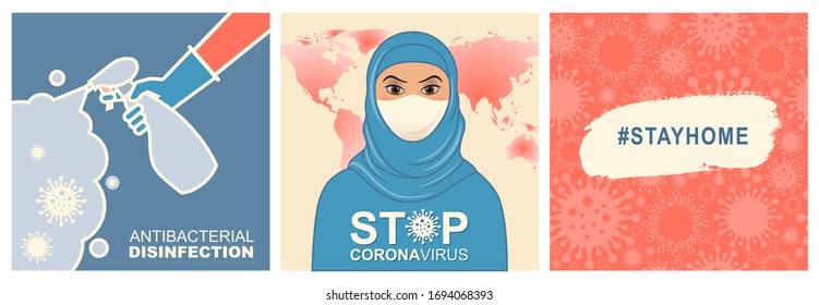 Set of Coronavirus banners and seamless pattern. 
Arabic cartoon woman in white medical face mask and hijab.
COVID-19 Poster for World Health organization, Web Design 
and Digital Marketing. Vector