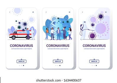 set coronavirus cells epidemic MERS-CoV virus floating influenza flu spreading of world concepts collection wuhan 2019-nCoV health risk full length smartphone screens mobile app vector illustration