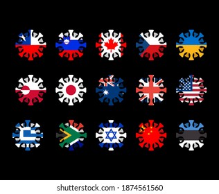 Set of coronavirus in countries of world Part 1. Microbe COVID-2019 in flag. World epidemic. Pandemic. Country in lockdown.