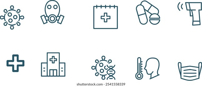 set of coronavirus and covid icon vector line design 