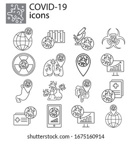 Set coronavirus, COVID-19, 2019-ncov icon, symbol, sign, logo line, linear black on white background. Virus, bacteria, map pointer, microscope, analysis, test tube, flask, bulb, stomach, lungs.