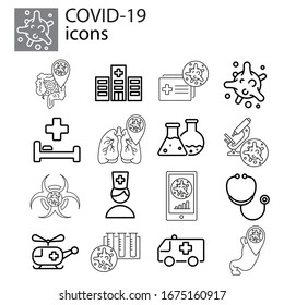 Set coronavirus, COVID-19, 2019-ncov icon, symbol, sign, logo line, linear black on white background. Virus, bacteria, ambulance, microscope, stethoscope, test tube, flask, bulb, stomach, lungs.