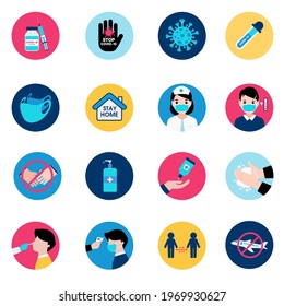 Set of Coronavirus or COVID-19 flat icons,Covid-19 prevention,Social distancing,Covid outbreak. vector illustration