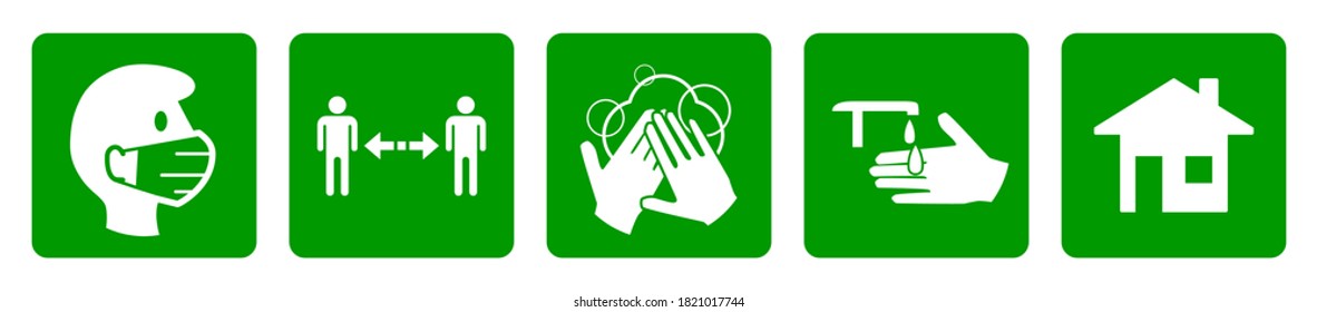 Set of Coronavirus Covid-19 Measure Signs including Wear a Face Mask, Keep Your Distance, Wash Your Hands, Sanitize Your Hands and Stay at Home. Vector Image.