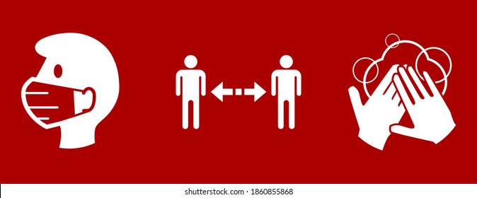 Set of Coronavirus Covid-19 Measure Signs including Wear a Face Mask, Keep Your Distance and Wash Your Hands. Vector Image.