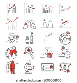 Set Of Coronavirus Or COVID-19 Omicron Related Line Art Icon. Such As Lungs, Viruses, Vaccine Passport, Covid Case Graph, Vaccination Queue Icon.