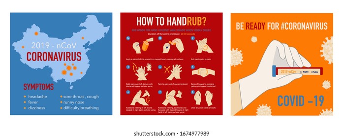 Set of Coronavirus COVID-19 outbreak concept. Novel coronavirus (2019-nCoV). Infographic with details about coronavirus with illustrated how to handrub. Be ready for coronavirus.