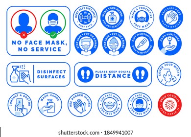 Set of Coronavirus Covid-19 prevention signs. Vector illustrations for protective measures against coronavirus disease. Concepts for labels and stickers, web banners, marketing material, social media.