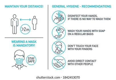 Set of CoronaVirus COVID19 Safety Measures and Precautions Signs. How to Protect Yourself. Infographics Poster Suitable for Print. Prevention, hygiene, distance and Wearing a mask is mandatory banner