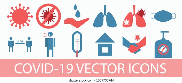 Set of Coronavirus covid-19 vector icons depicting pandemic bacteria, social distancing, medical face mask, house as a symbol of isolation, hand shaking, lungs infected by virus, hand disinfection.