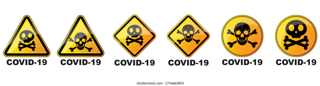 Conjunto de signos de peligro del coronavirus. Ilustración vectorial. Símbolos de advertencia con cráneo humano. Signo de peligro amarillo