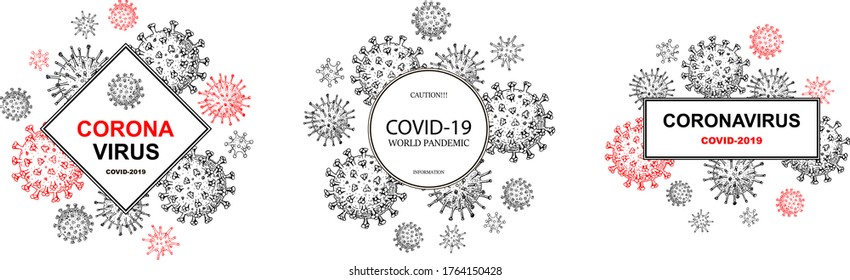 Set of coronavirus designs with hand drawn elements. Microscope virus close up. Vector illustration in sketch style. COVID-2019