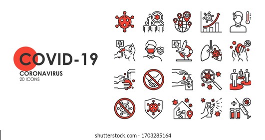 Set of Coronavirus disease COVID-19 Protection Related Vector Line Icons. Such as Covid-19 prevention, Coronavirus Symptoms, Covid outbreak, Social distancing, vector icon