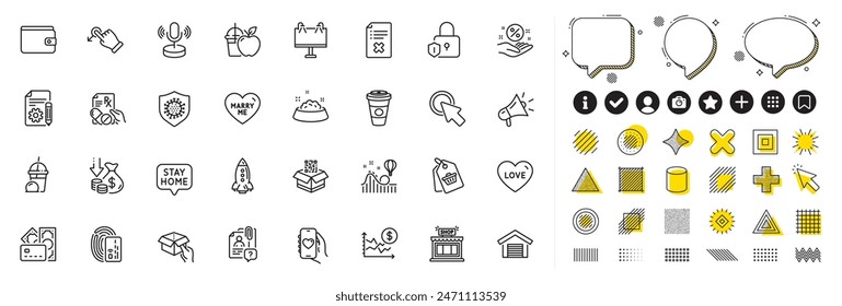 Set of Coronavirus, Dog feeding and Stay home line icons for web app. Design elements, Social media icons. Shop, Money, Search employee icons. Loan percent, Microphone, Reject file signs. Vector