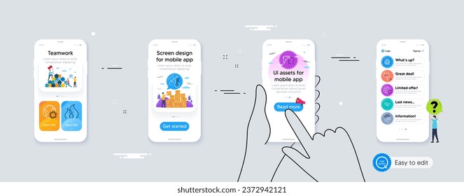 Set of Coronavirus, Event click and Medical drugs line icons. Phone ui interface. Include High thermometer, Coronavirus pills, Teamwork icons. Vector