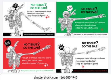 Set of Coronavirus flyers. Human skeleton sneezing into the sleeve or hand. Novel coronavirus 2019-nCoV prevention sticker with text. Concept of pathogen outbreak prevention and safety. Vector.