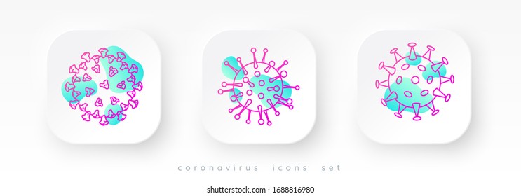 A set of coronavirus icons. The cell of Covid-19. Three color icons in a modern style represent the structure of the SARS-CoV-2 cell.