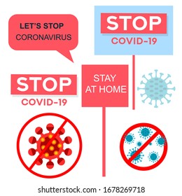 Set of coronavirus icons. Coronavirus signs. Stop COVID-19. Stay at home. 