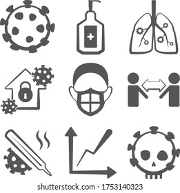 Set of Coronavirus Icons. Symbols for epidemic 2019-nCov to be used for infographics or websites. Contains Infected Lungs, Lockdown, Wear mask, Social Distancing, High Temperature, Increase, Deaths