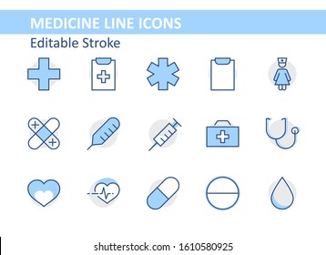 Set of Coronavirus Medicine vector line icons. It contains the first aid kit, nurse, syringe, thermometer, plastic, pills, heart, drop of blood, palpitation and much more. Editable Stroke. 32x32 pixel