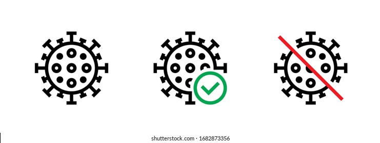Set of coronavirus microbe, virus check, stop flu icons. Editable line vector. The stylized elements of the microbe marked as investigated and not found. Group pictogram.