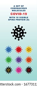 a set of coronavirus molecules with 18 visible spine protein (S)