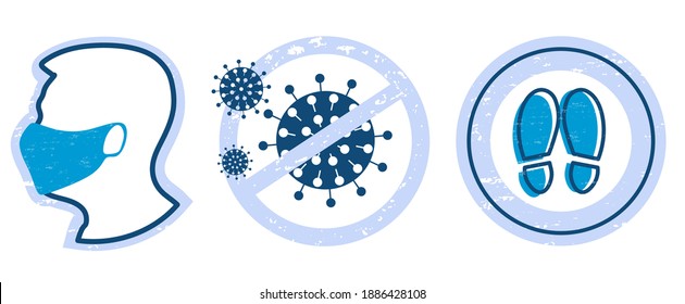 A set of coronavirus Ncov-19. Keep your distance. Put on your mask. A man with a masked silhouette. For the bathroom, toilet, where a lot of people gather.Elements For your design