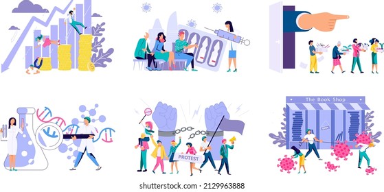 Set of Coronavirus outbreak financial crisis and fight against the pandemic concepts. Flat Art vector Illustration.